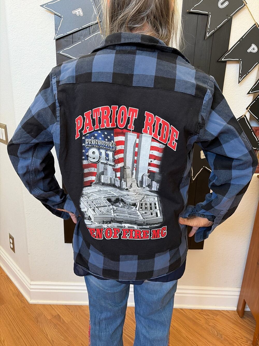 Patriot Ride 911 Upcycled Flannel Shirt Unisex Size XL X-large